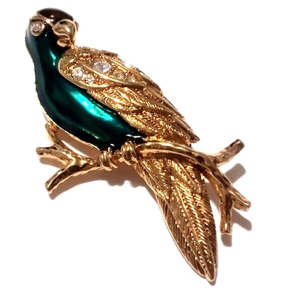 Vintage Avon Gold Tone Enamel and Rhinestone Parrot Bird Broocha - Picture 2 of 4